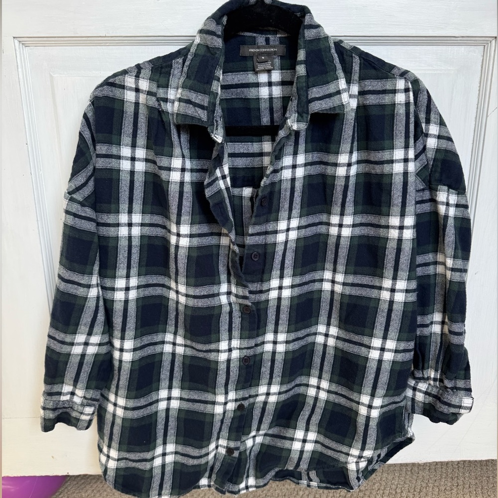 French Connection Green, White & Navy Plaid Button-Down Shirt